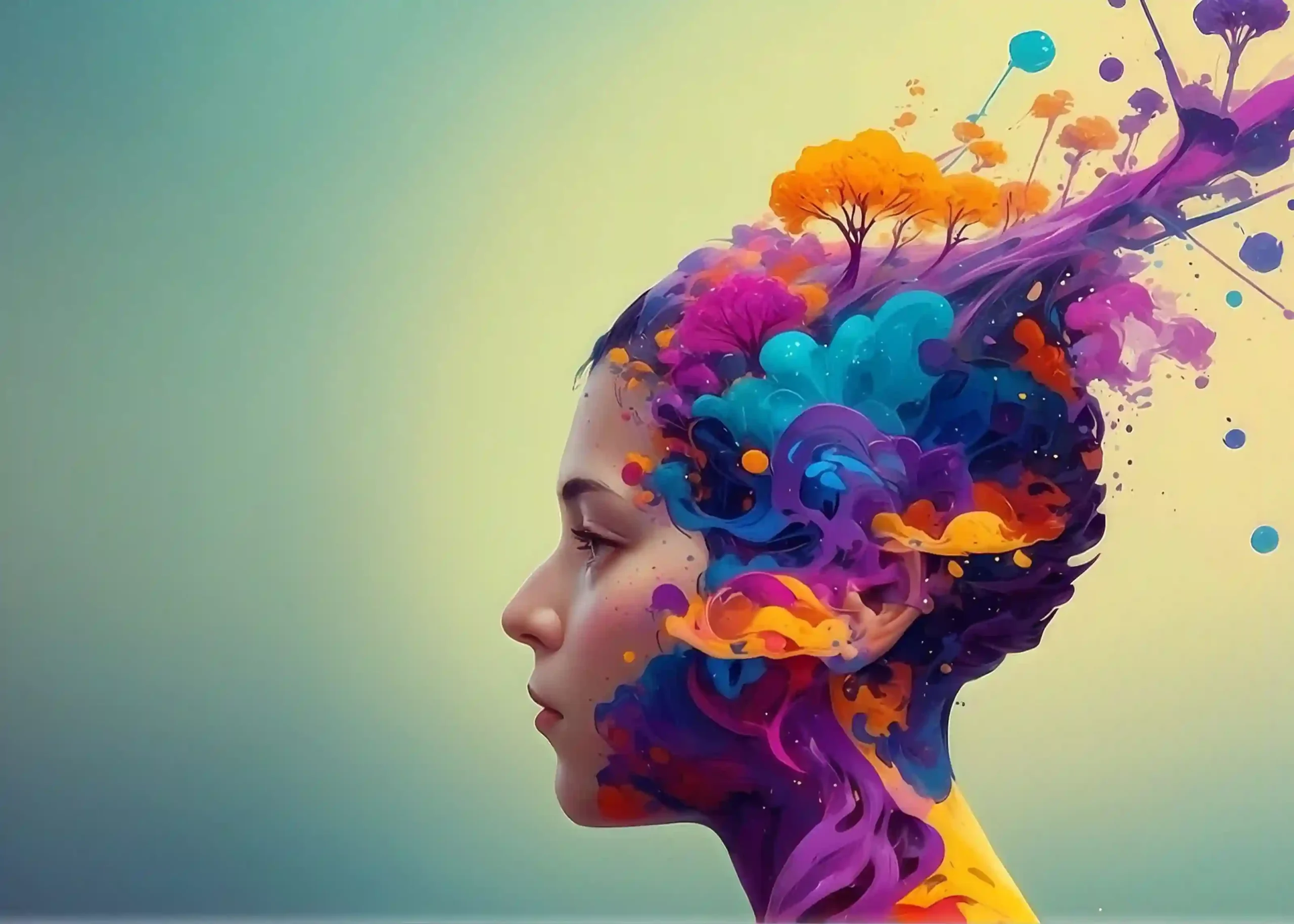 Abstract digital illustration of a human head filled with colorful swirling paint and trees, symbolizing creativity, growth, and imagination.