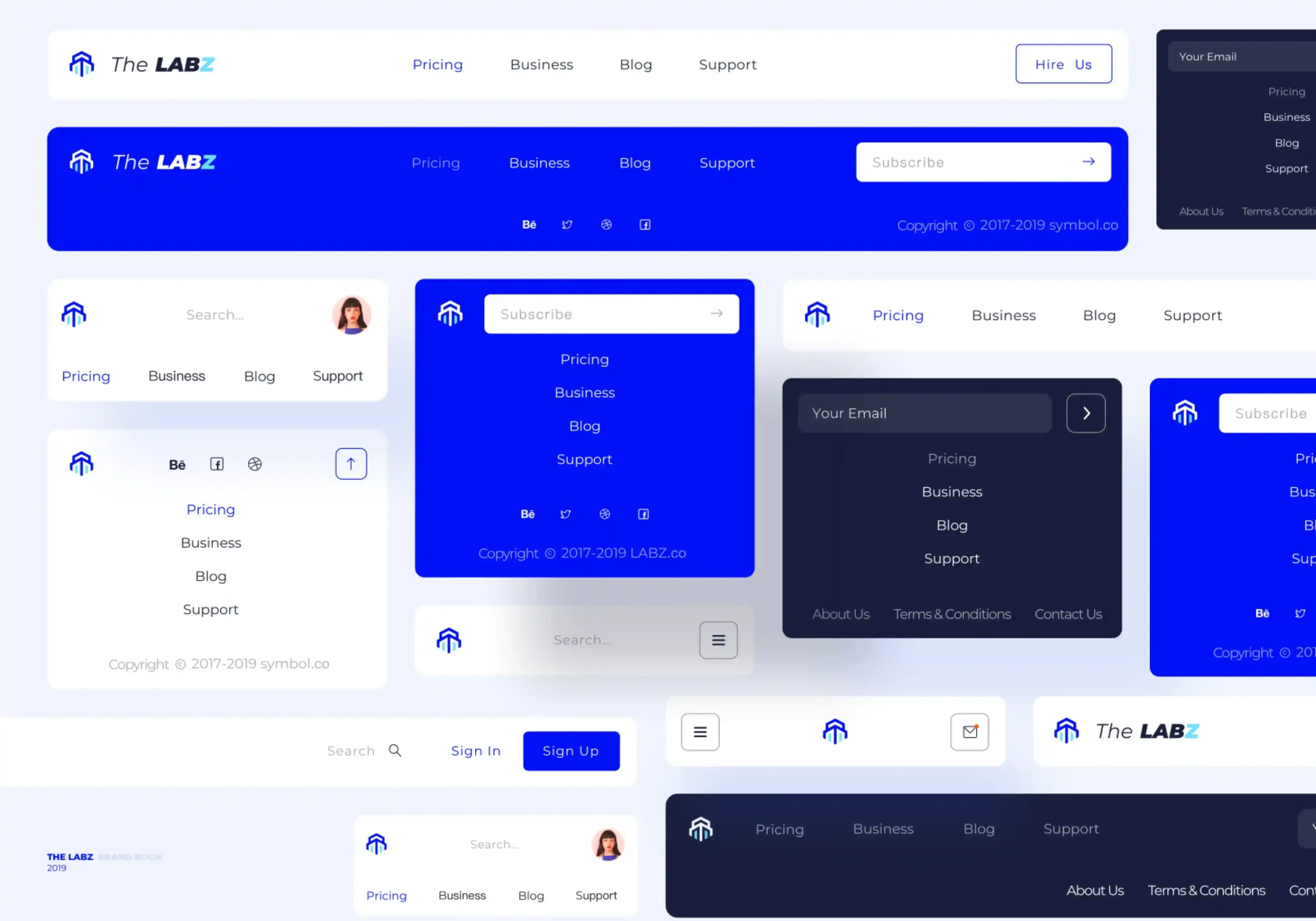 Brand UI kit mockup demonstrating website headers, footers, and navigation elements across light, dark, and royal blue color variations.