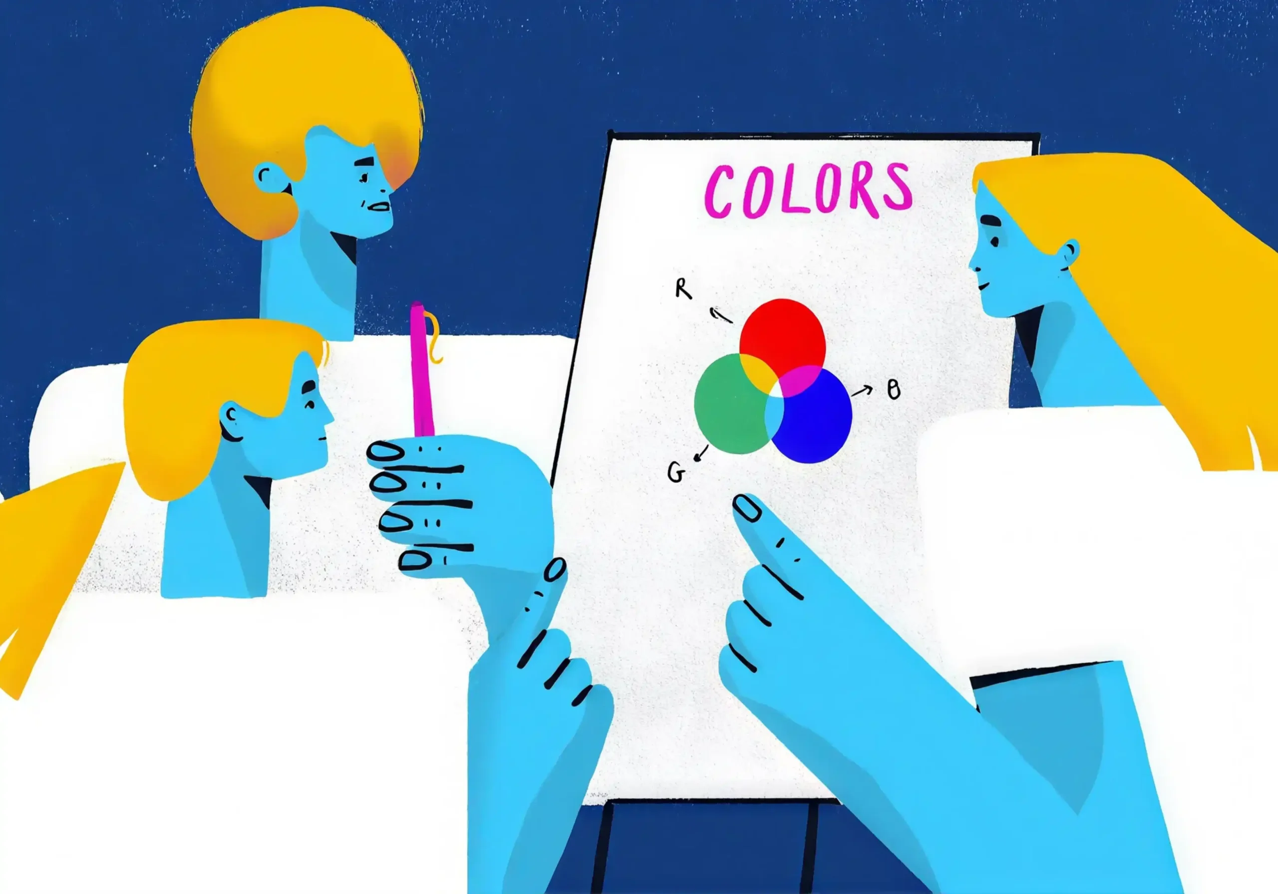 People discussing color theory with a color wheel on a presentation board.