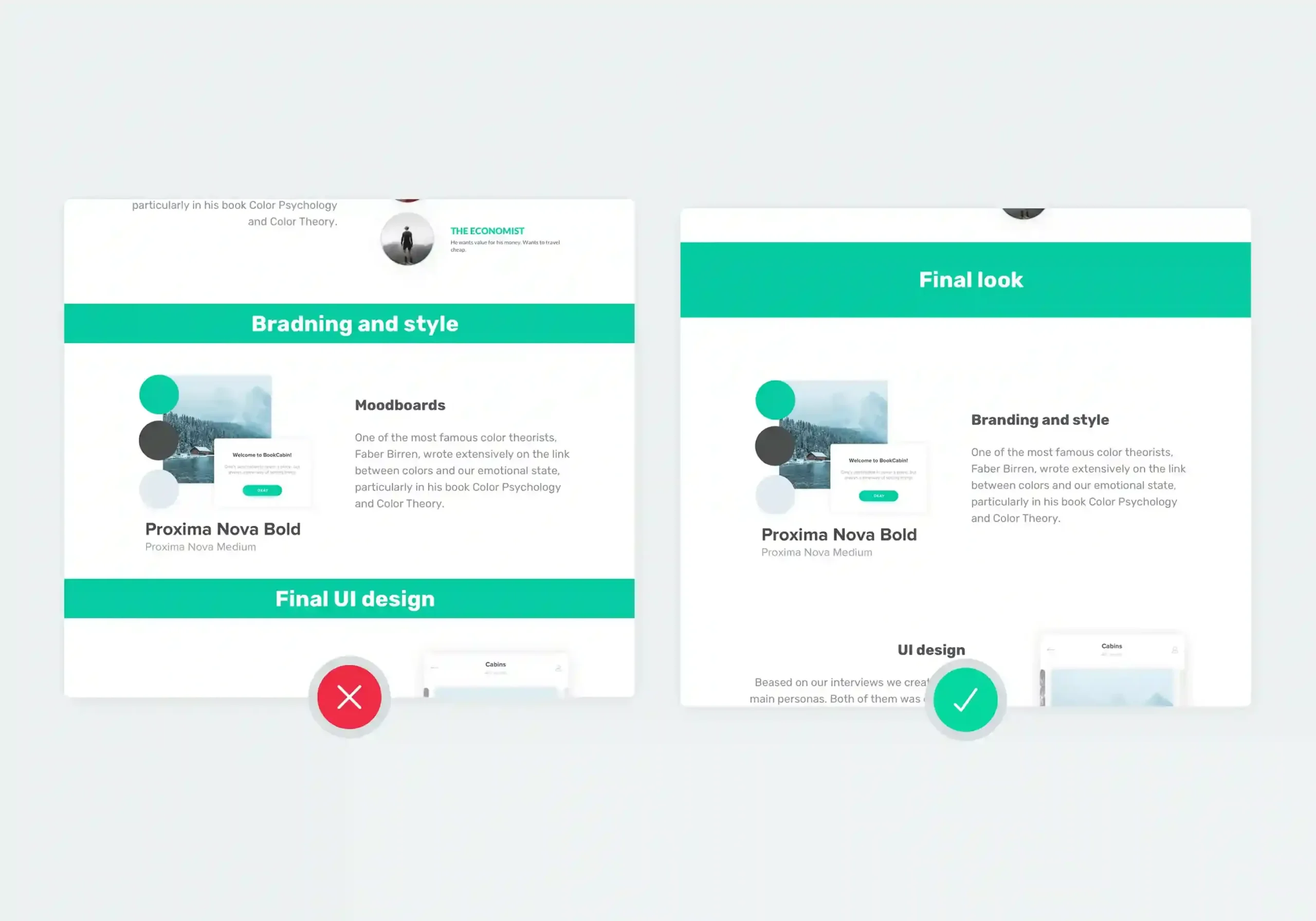 Graphic demonstrating UI design best practices for branding and layout structure. The left design highlights poor section spacing and visual clutter marked incorrect, while the right design shows refined typography, clean margins, and balanced hierarchy marked correct.
