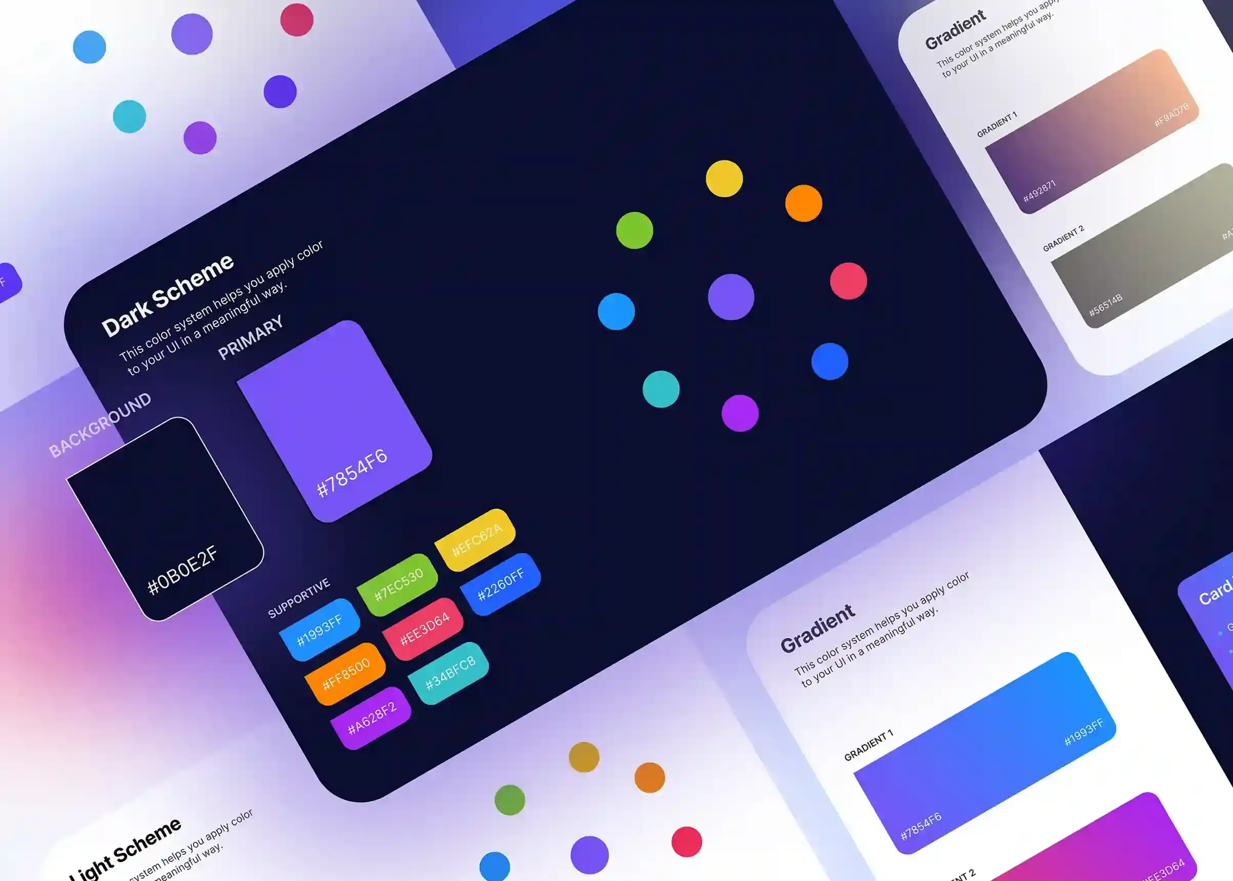 Modern UI/UX design color system displaying dark scheme cards, hex color codes, vibrant supportive swatches, and gradient palettes.