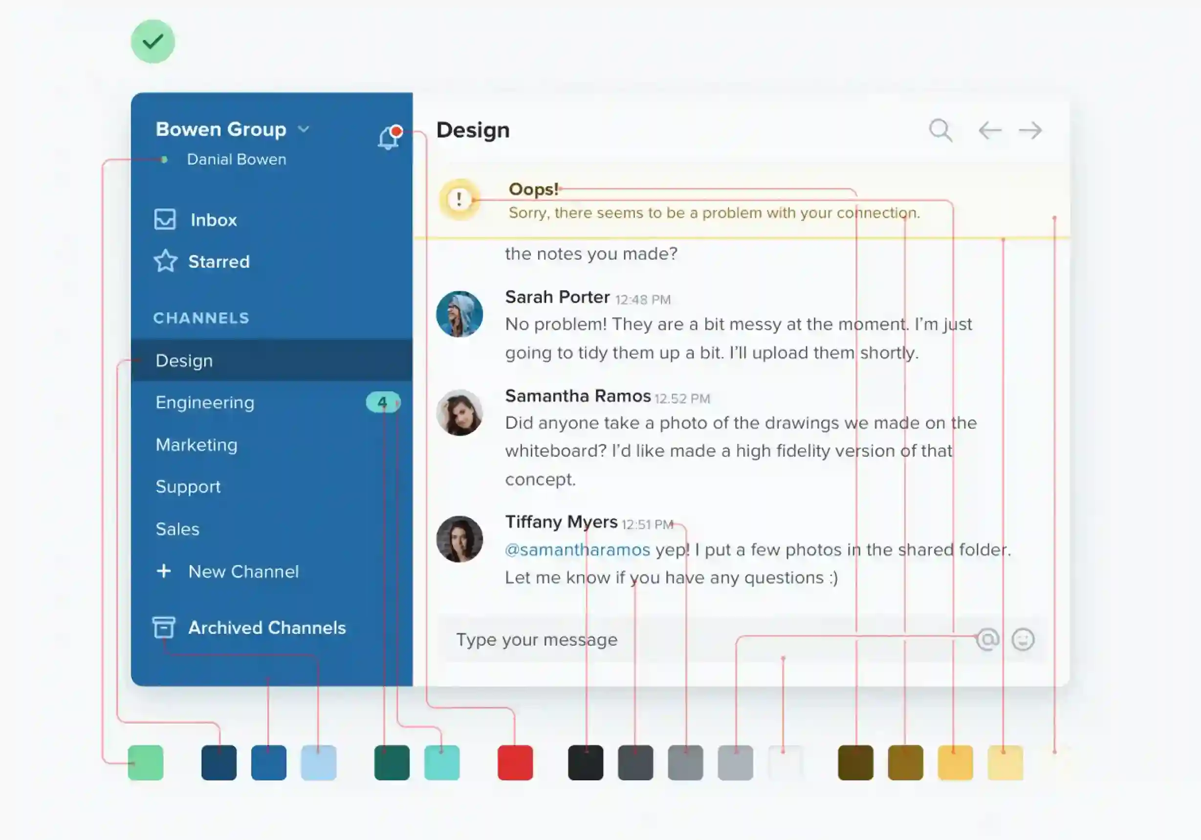 UI design mockup showing a business messaging dashboard with a blue sidebar, notification banner, chat interface, and annotated color palette demonstrating strategic color usage for navigation, alerts, and interface elements.