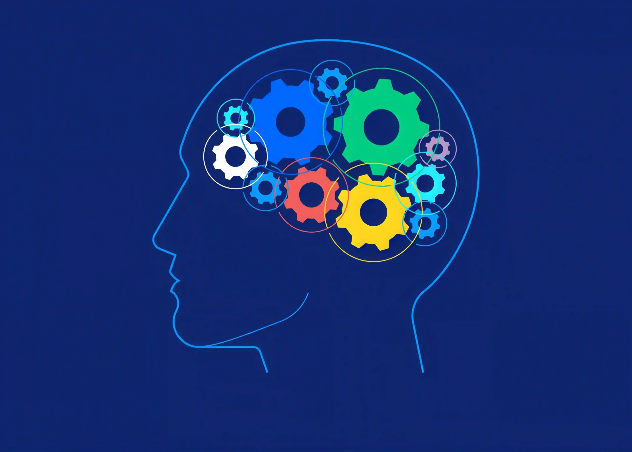 Blue outline of a human head side profile with colorful gears turning inside the brain.