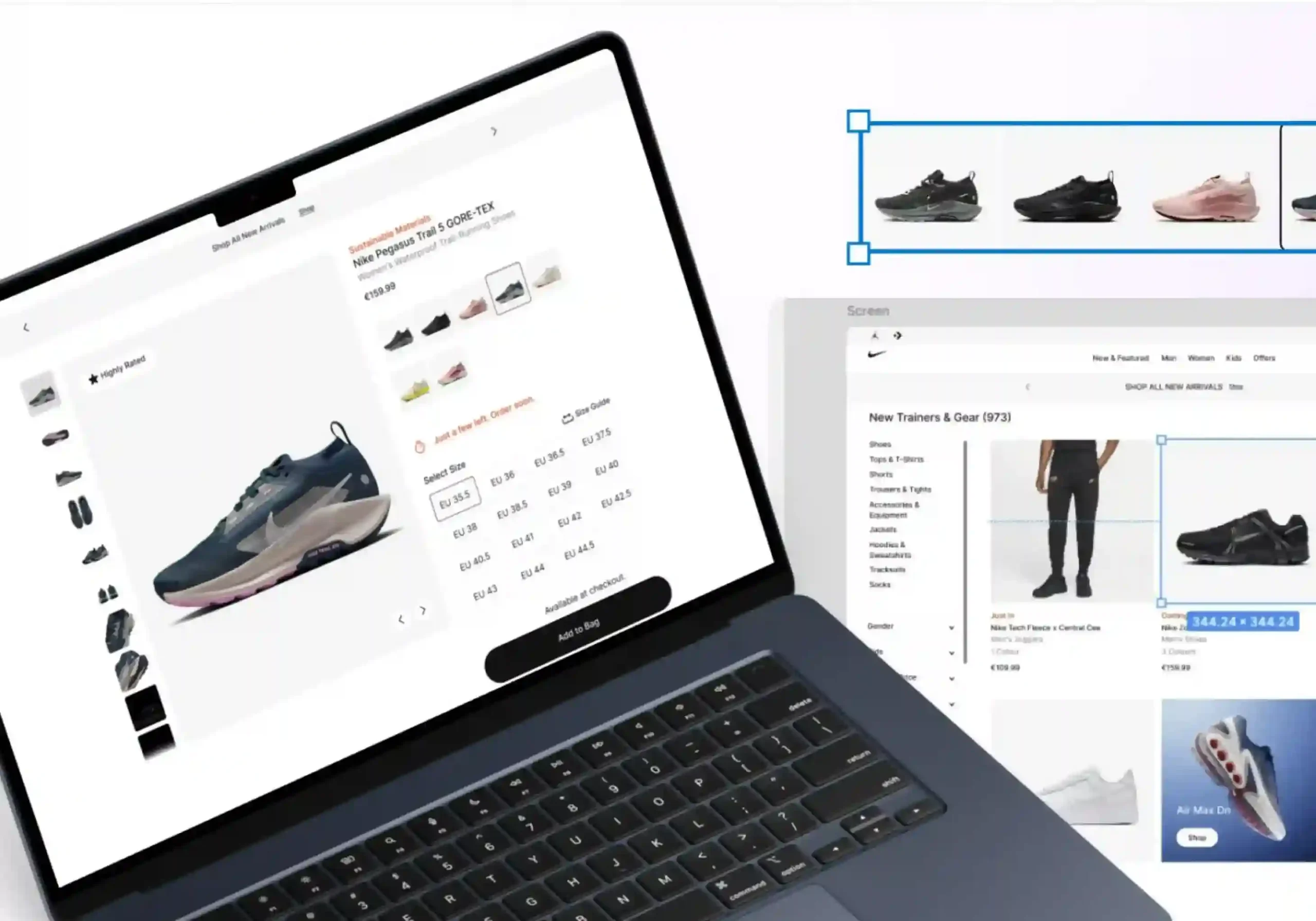 A modern e-commerce website interface showcasing a Nike running shoe product page alongside a storefront product grid, with product images, color options, sizes, and shopping controls.