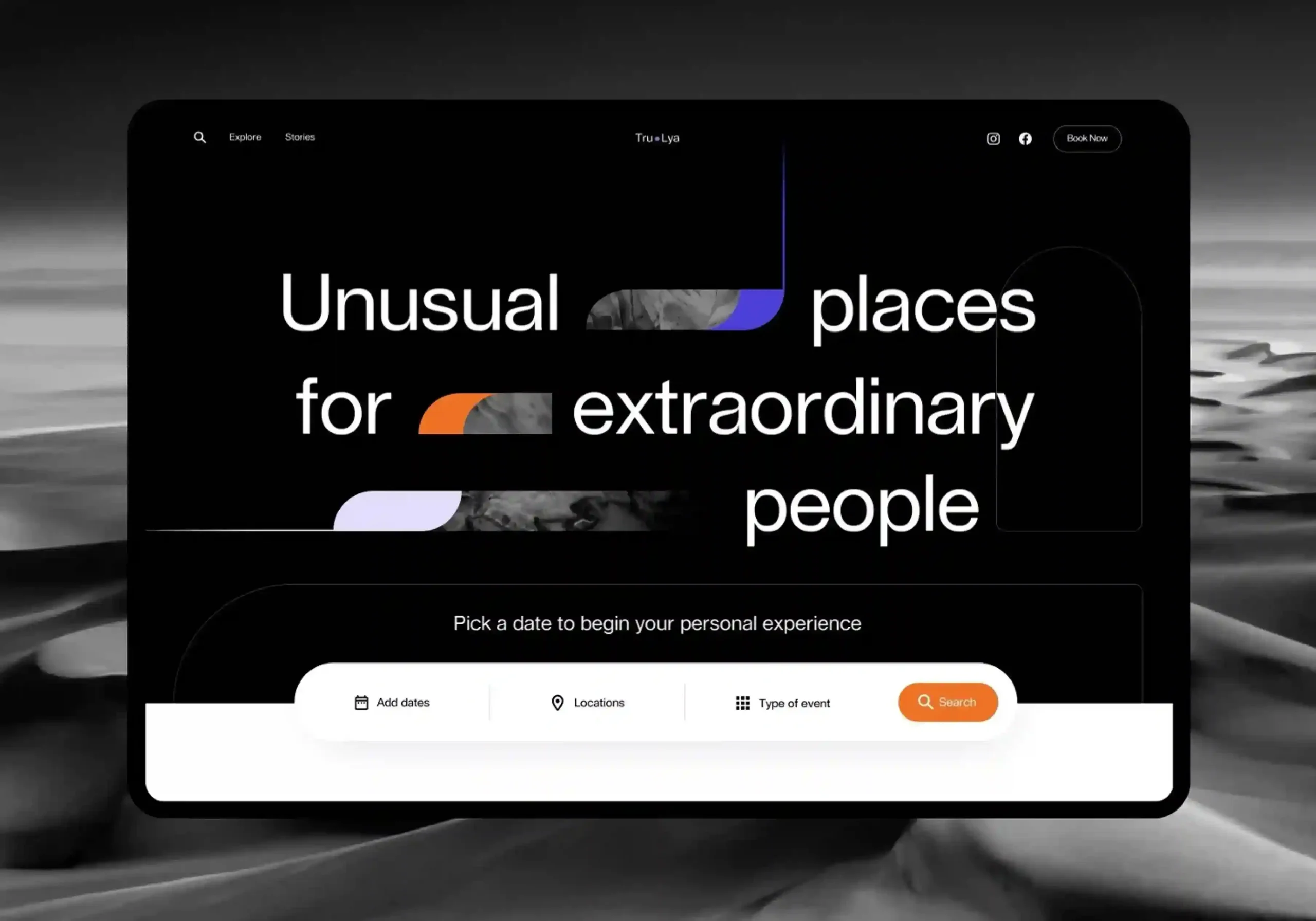 A premium travel booking website interface with a minimalist black-and-white design, featuring unique destinations, travel experiences, and a search bar for dates, locations, and event types.