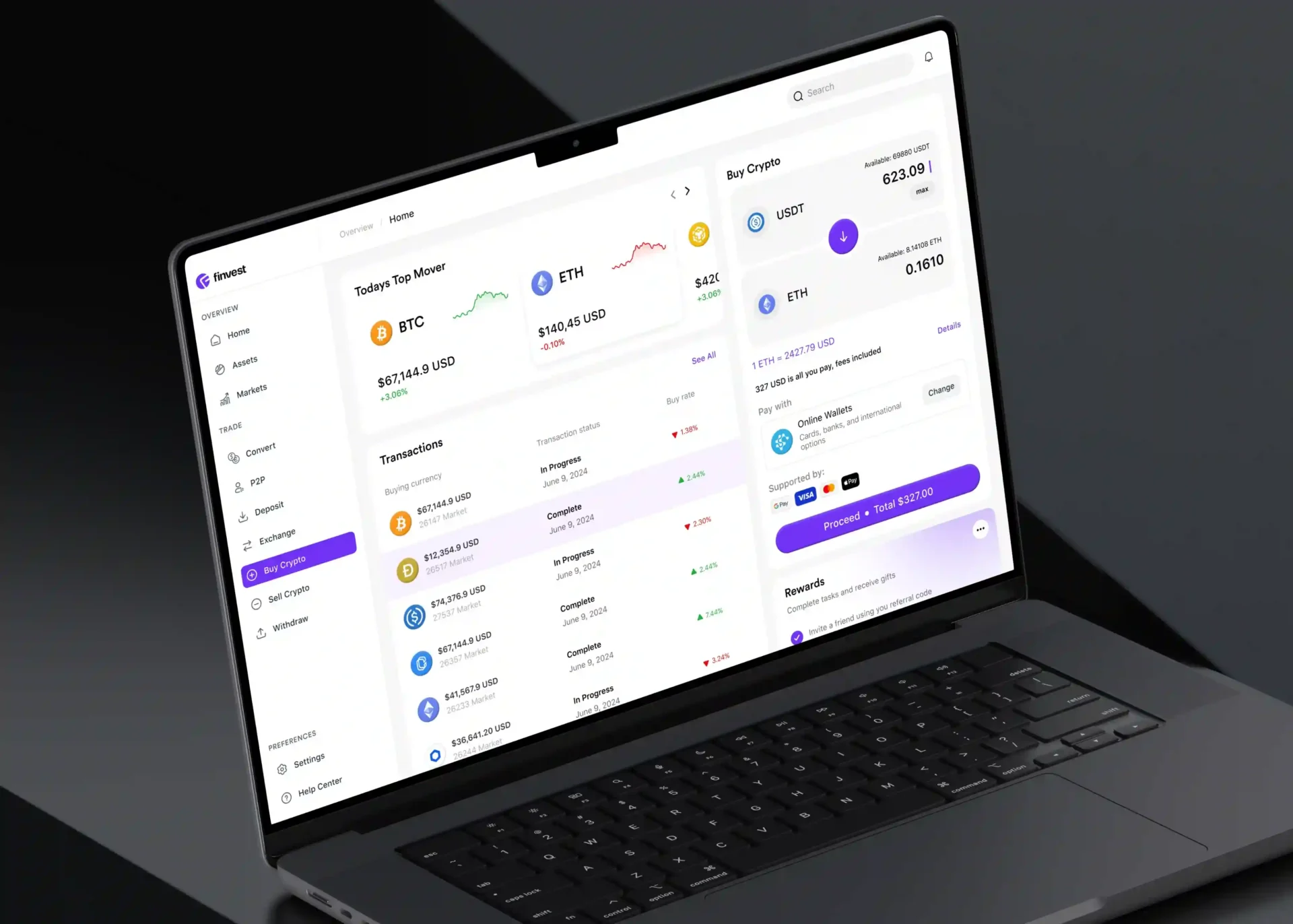 Cryptocurrency trading dashboard displayed on a laptop showing Bitcoin and Ethereum prices, transactions, market data, and crypto purchase options.
