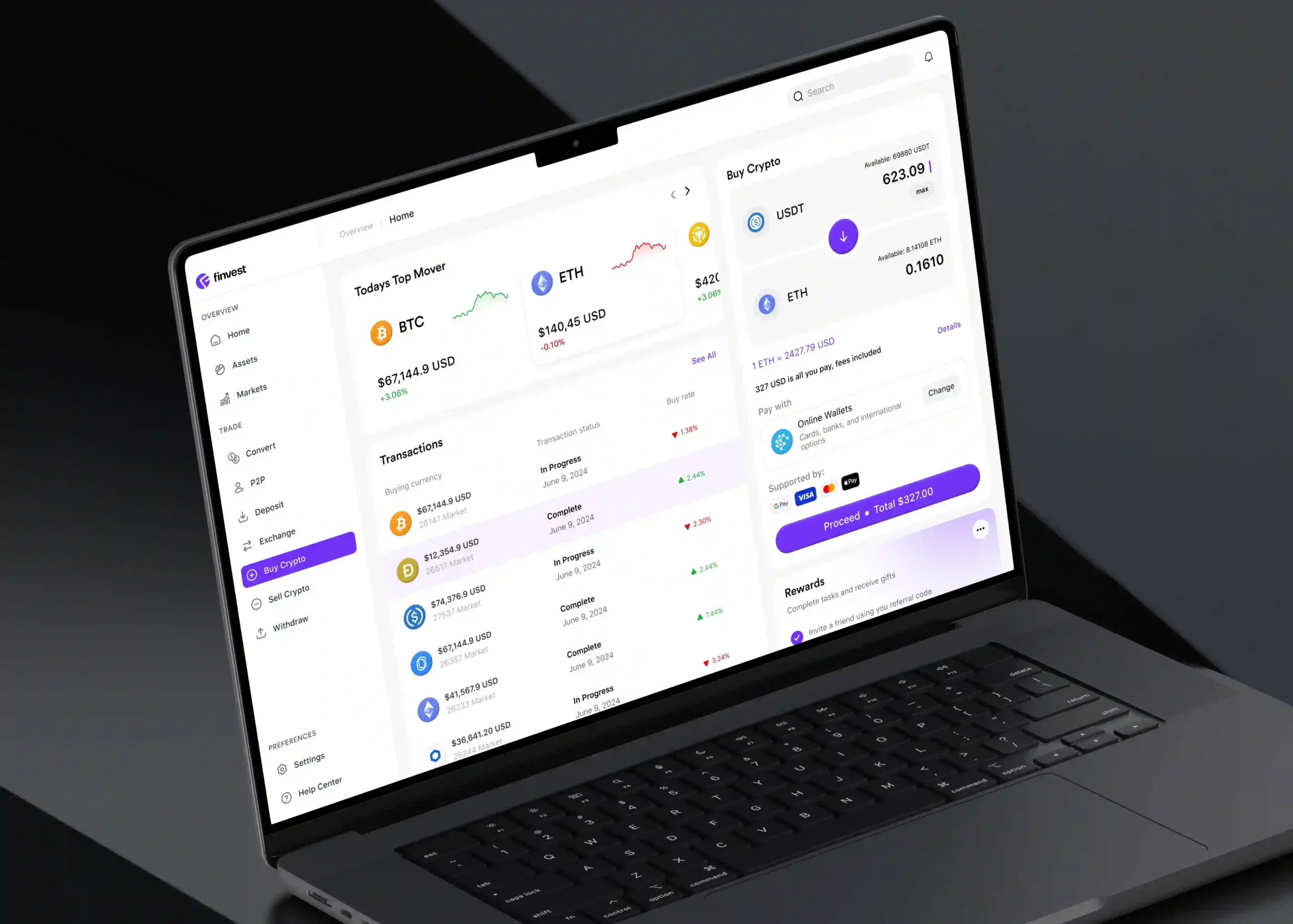 Cryptocurrency trading dashboard displayed on a laptop showing Bitcoin and Ethereum prices, transactions, market data, and crypto purchase options.