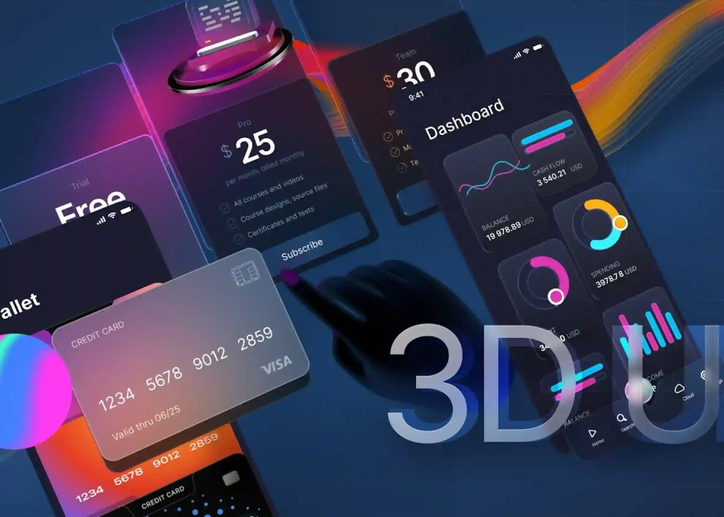 A modern 3D fintech interface featuring mobile banking dashboards, financial analytics, digital payment screens, colorful data visualizations, and credit cards arranged against a dark blue background.
