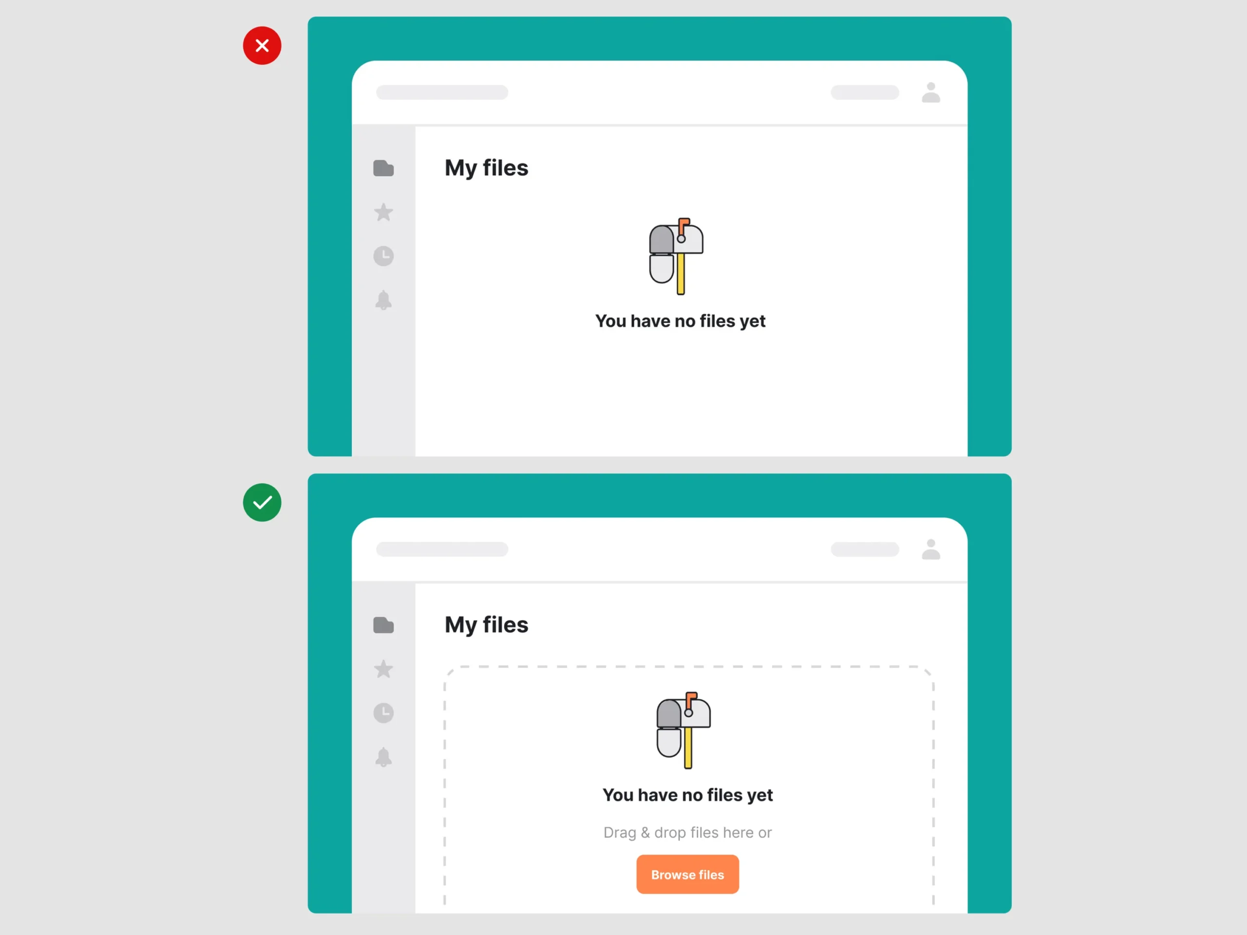 Empty file management interface showing a drag-and-drop upload area and browse files button.