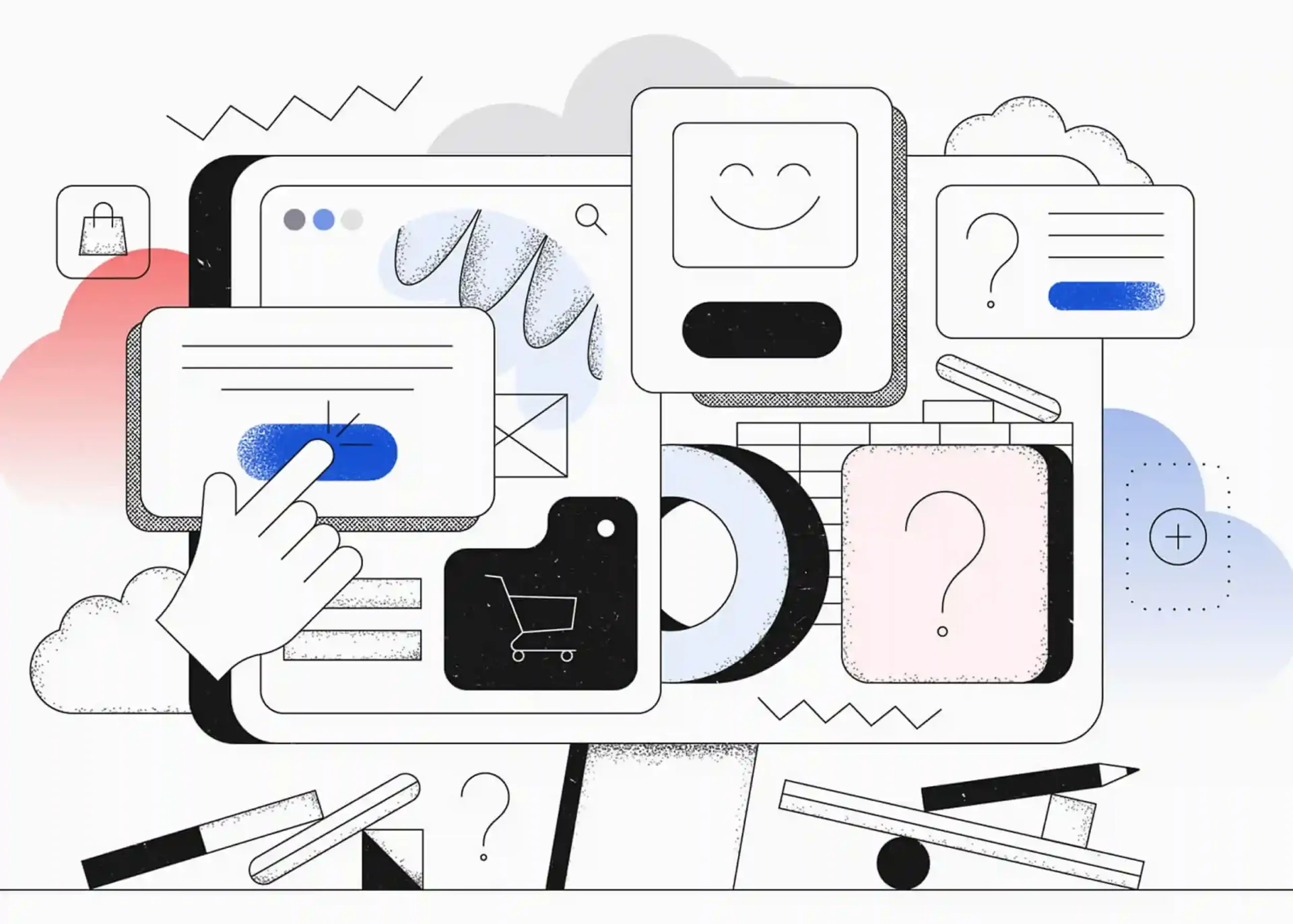 Flat vector line art illustration of a desktop screen surrounded by interactive UI elements, including a hand clicking a blue call-to-action button, a shopping cart icon, question mark prompt cards, a smiley face feedback card, and design tool icons.