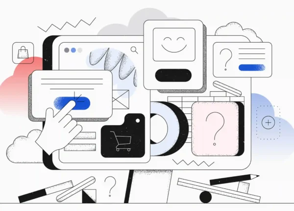 Flat vector line art illustration of a desktop screen surrounded by interactive UI elements, including a hand clicking a blue call-to-action button, a shopping cart icon, question mark prompt cards, a smiley face feedback card, and design tool icons.