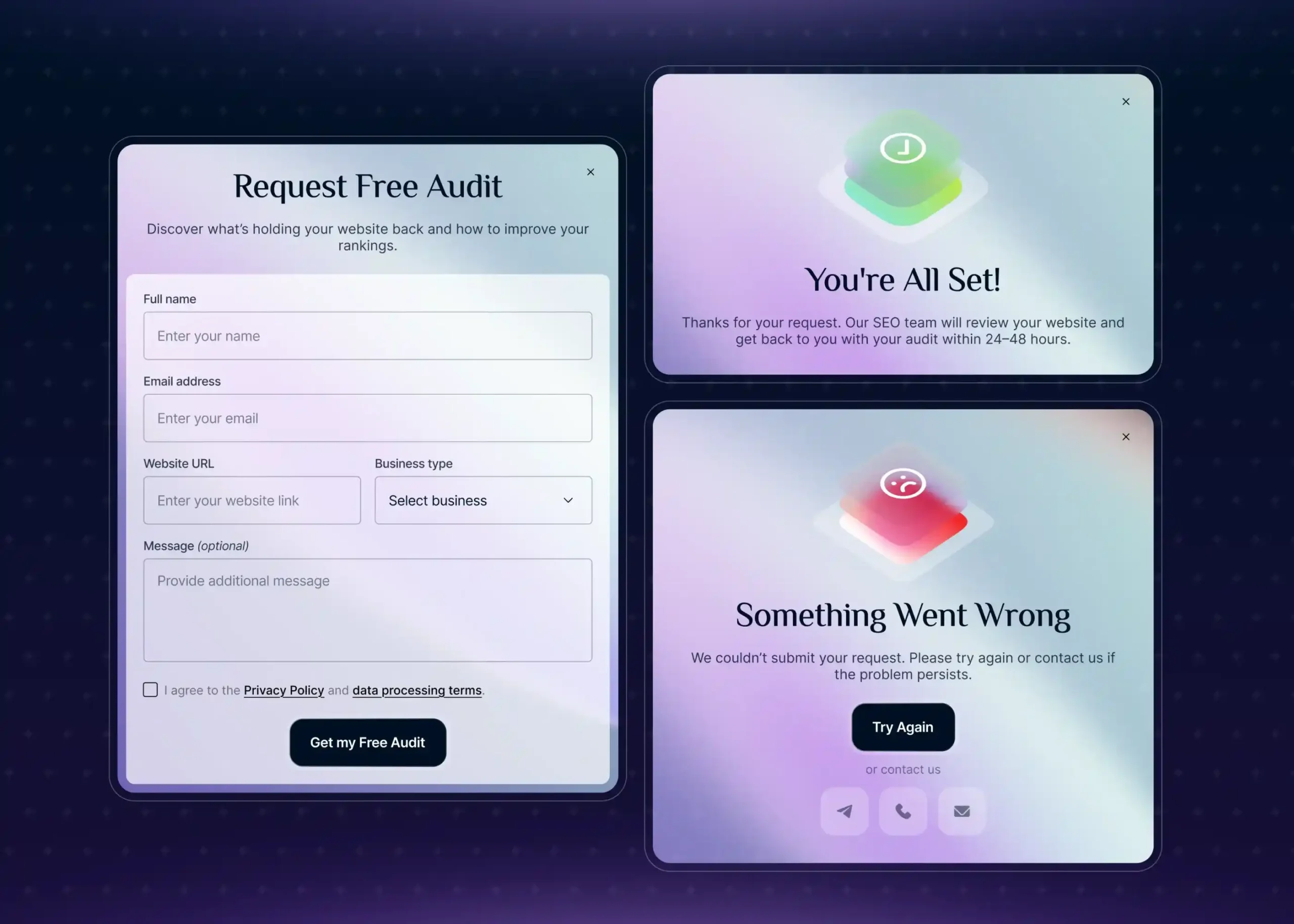 UI design layout showing three modal dialogs for a website audit request form: a main form titled "Request Free Audit" on the left, a green success confirmation modal titled "You're All Set!", and a red error status modal titled "Something Went Wrong" with a "Try Again" button on the right.